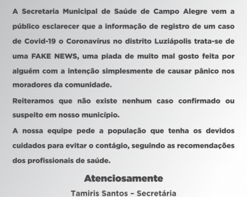 Em NOTA Secretaria de Saúde desmente FAKE NEWS sobre caso de Coronavírus em Luziápolis